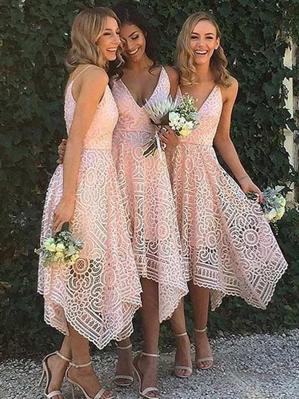 Wholesale A-Line/Princess Sleeveless V-neck Asymmetrical Lace Bridesmaid Dresses